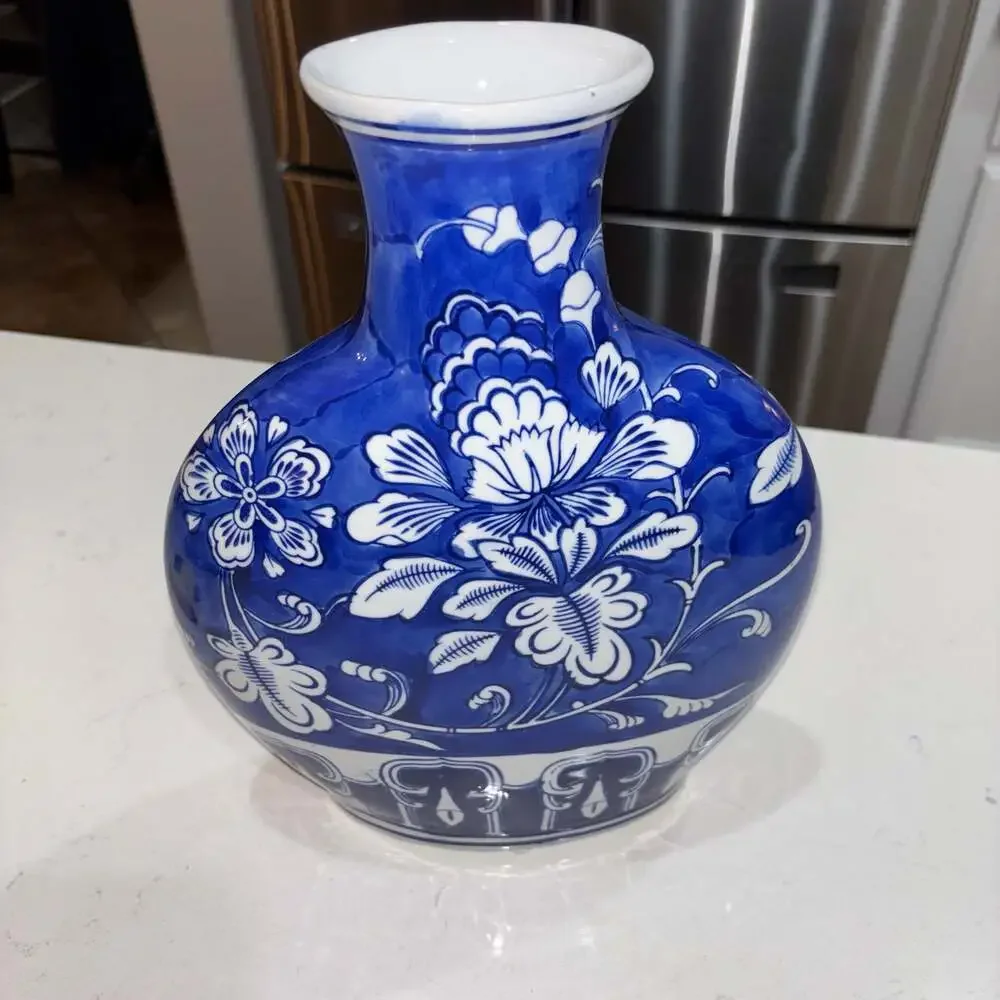 Blue and White Chinoiserie Floral Flat Ceramic Vase